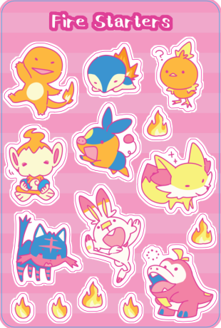 Pokemon Fire Starters 4"x6" Sticker Sheet